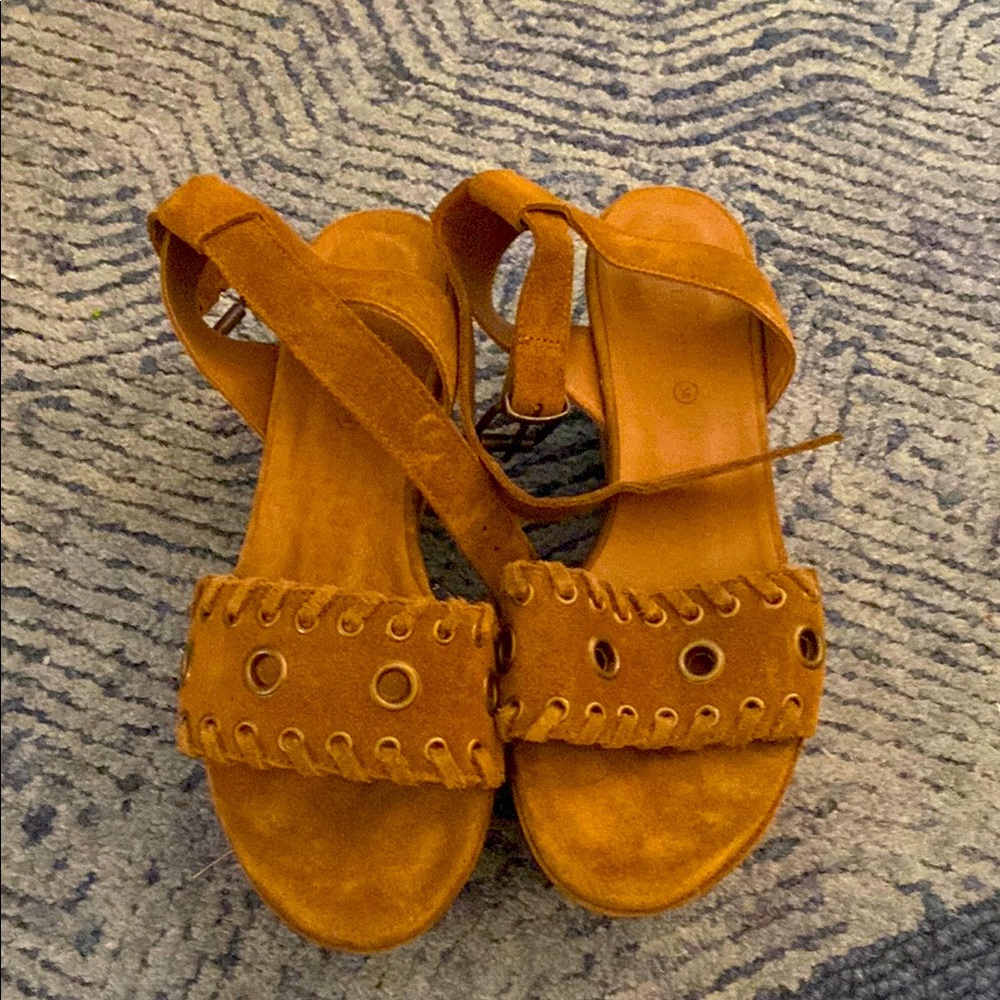 All Saints Tan Suede Sandals with Scalloped Straps